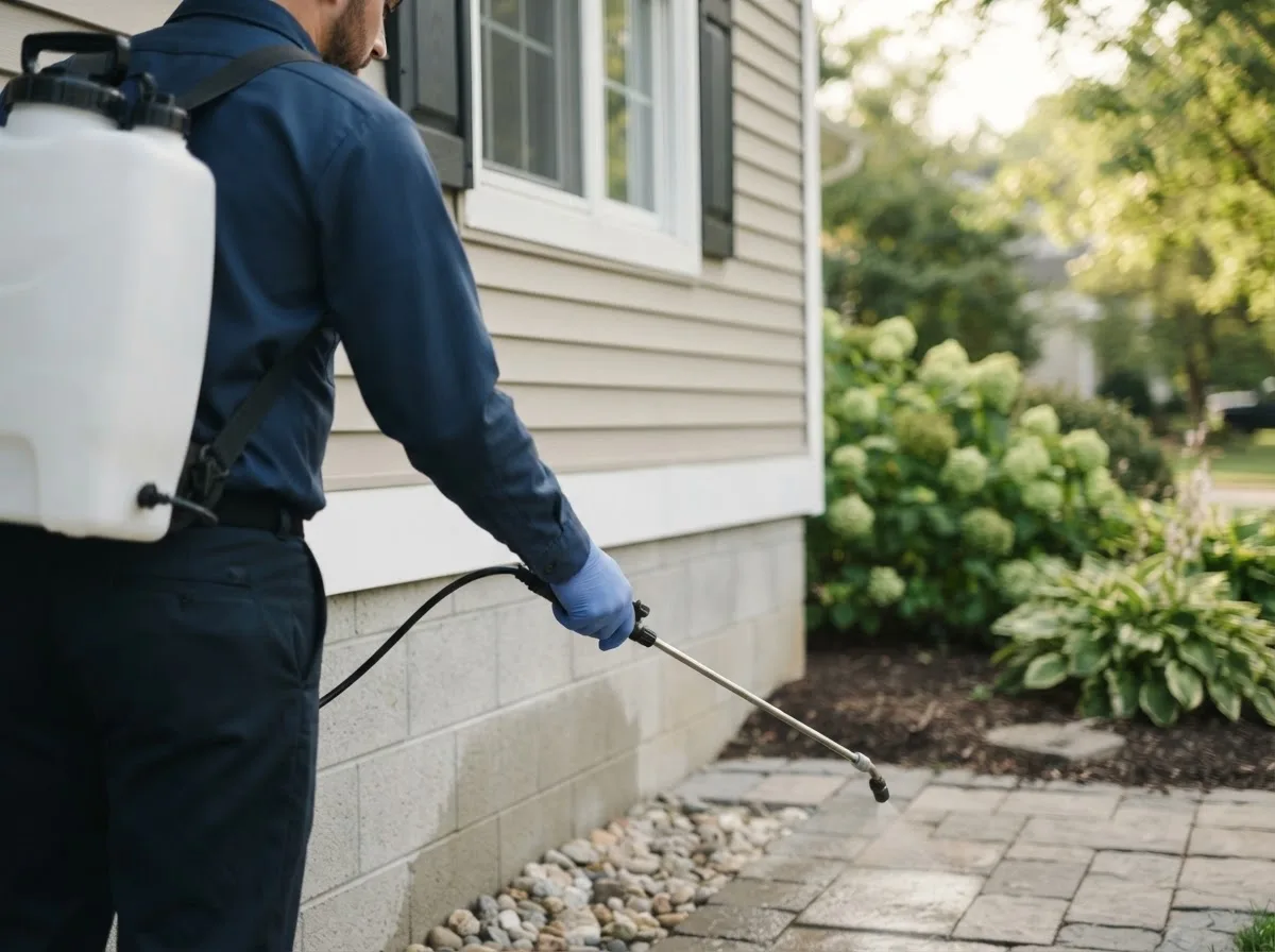 Pest control technician inspecting a home in Mesick, MI